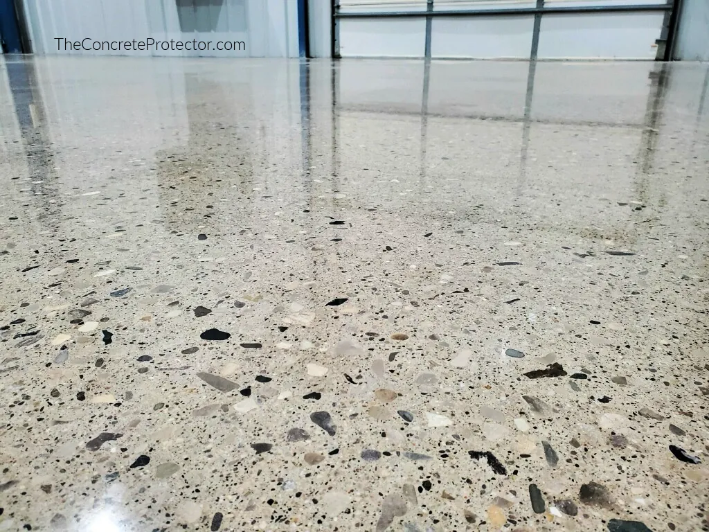 Closeup of polished concrete floor with exposed gray, black, white, and tan aggregate under a glossy mirror-finish topcoat in an industrial garage