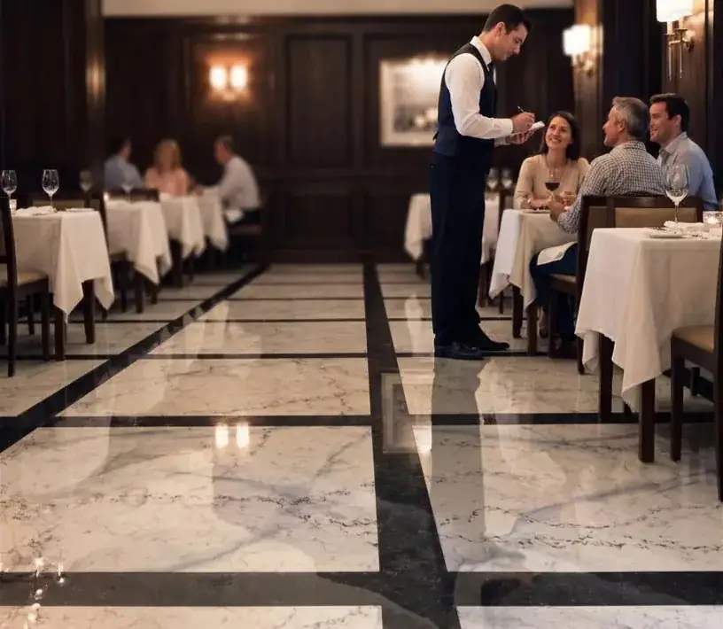 Decorative Metallic Marble epoxy floor in a commercial restaurant dining room