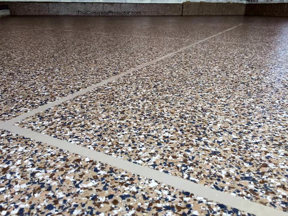 Protector Color Flakes floor with a contrasting inlaid border