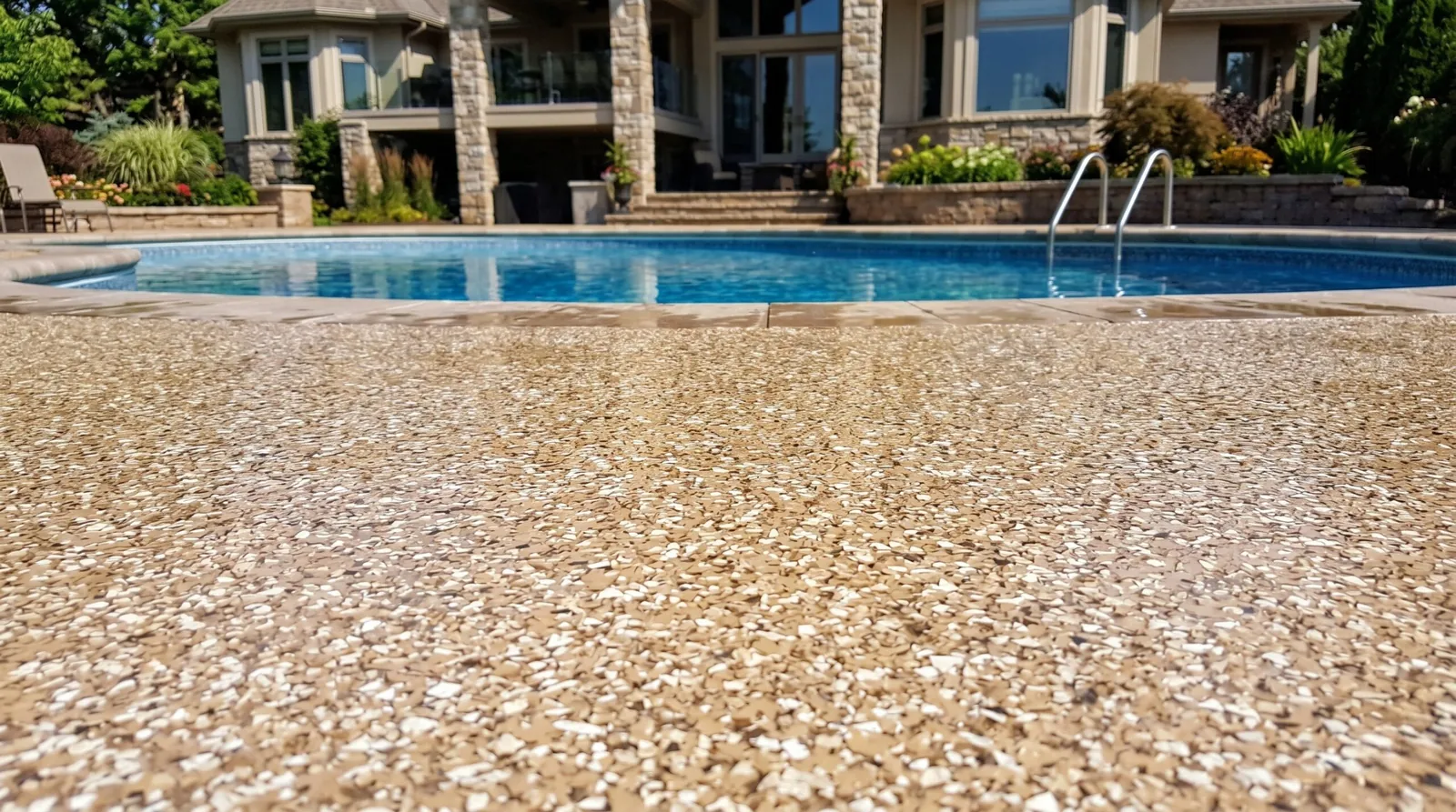 Tan flake epoxy coating on a residential pool deck