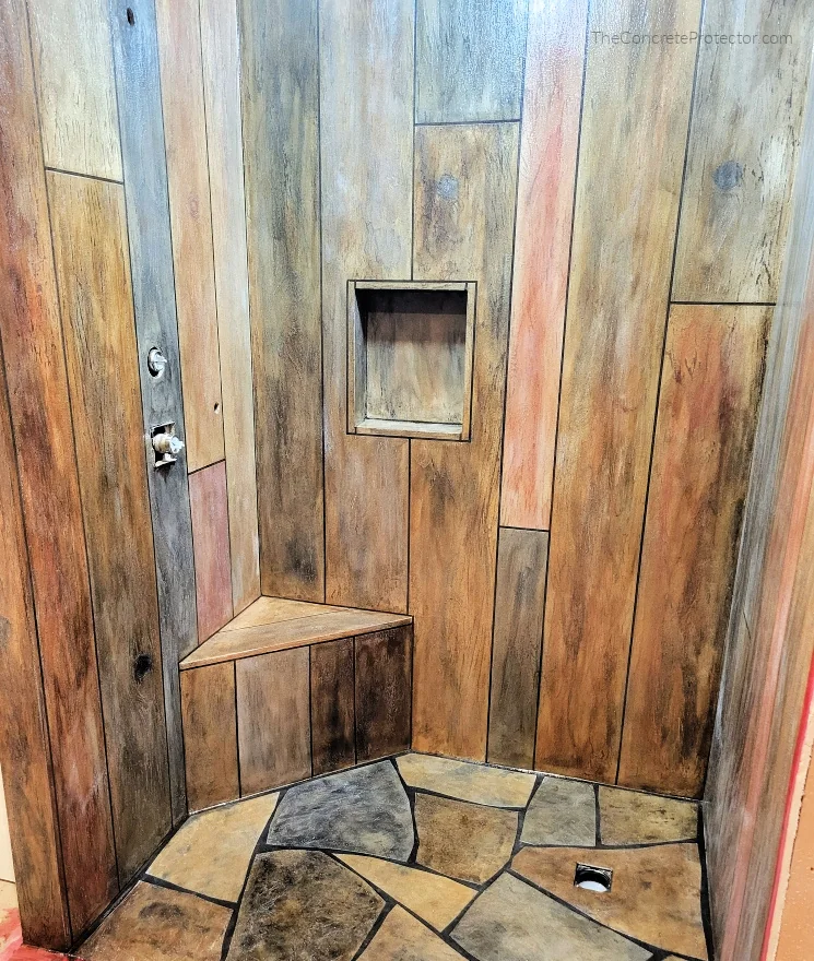 Rustic Concrete Wood plank finish applied to a shower surround