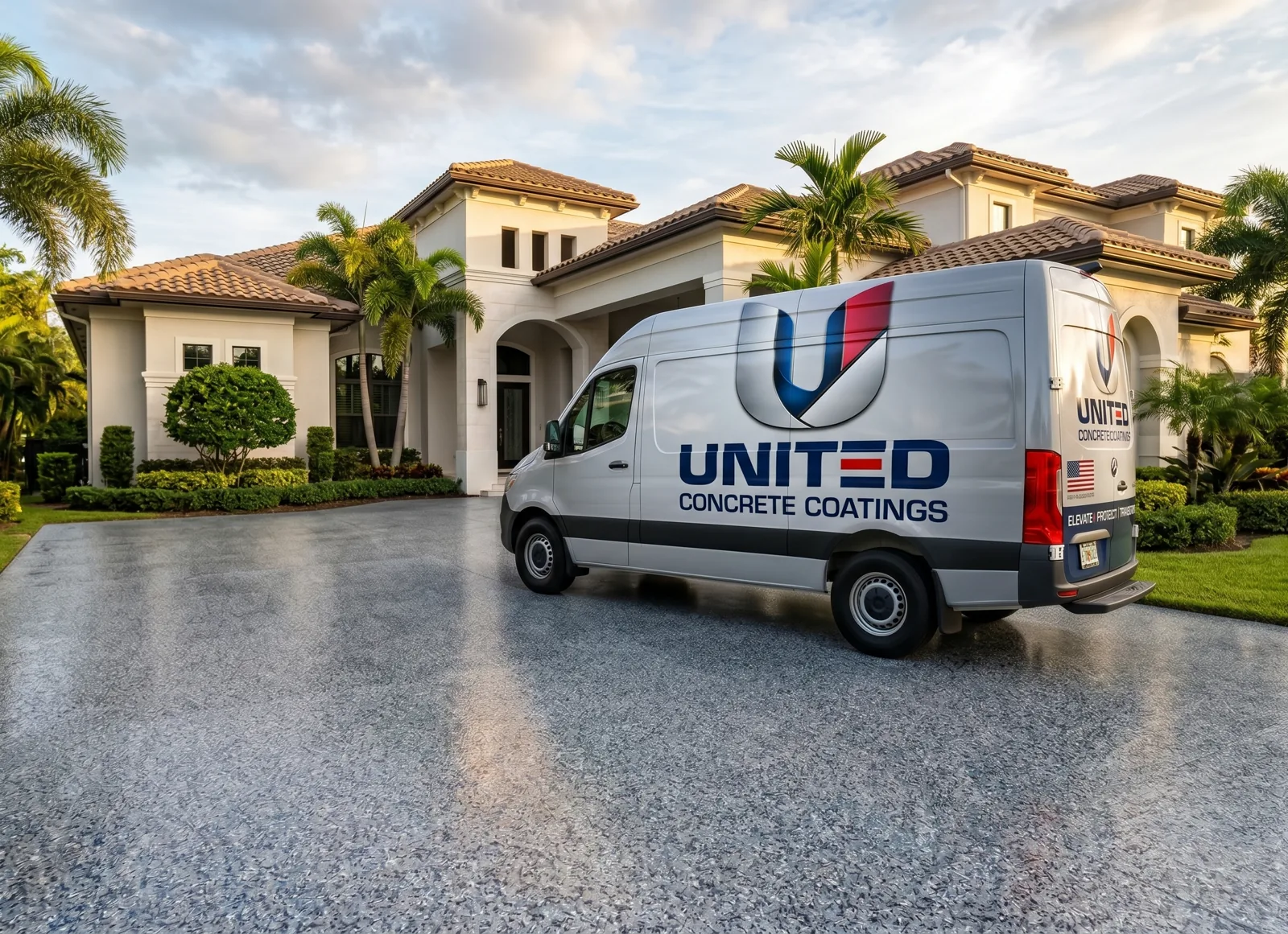 United Concrete Coatings van with the navy, silver and red U logo parked on a flake coated driveway at a Florida home